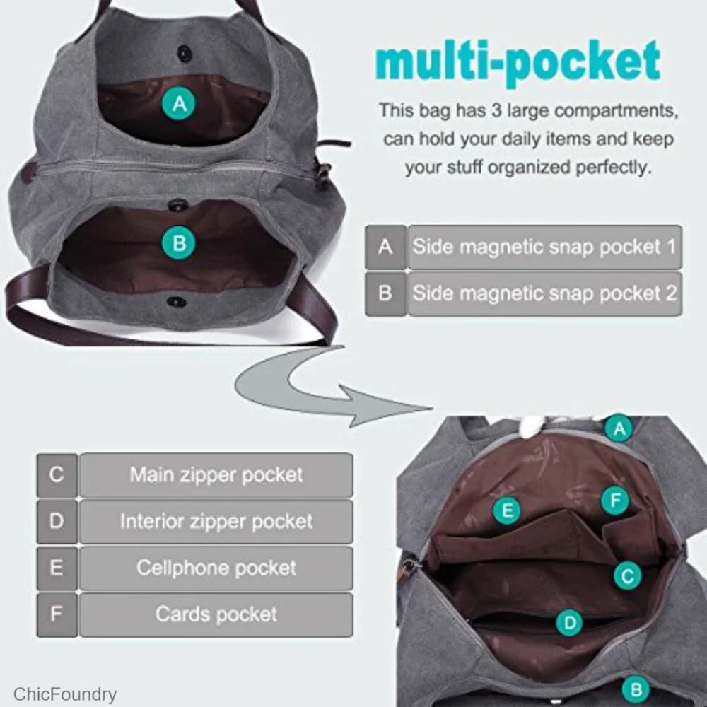 Multi-Pocket Canvas Shoulder Bag Tote Purse with Magnetic Snap Closure